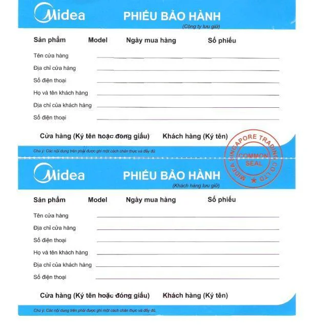 Phiếu bảo hành Midea