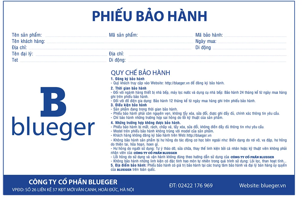 Phiếu bảo hành Blueger